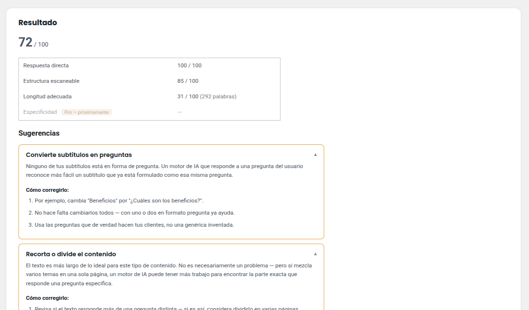 Analizador de citabilidad de CítameIA mostrando un score de 72/100 y sugerencias expandibles